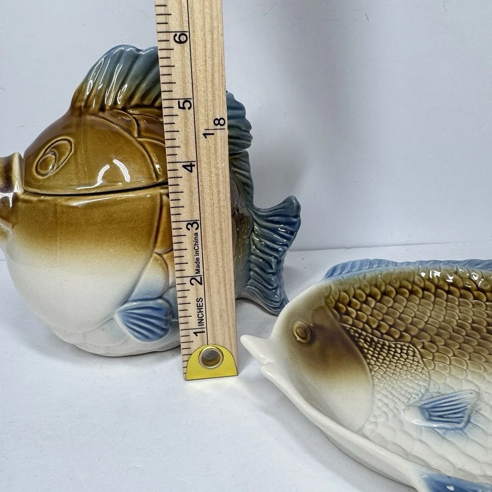 Vintage Fish Shaped Sugar Bowl Lid Plate Set Ceramic Japan Style Kitchen‎